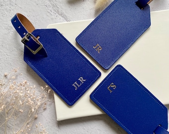 Personalised Luggage Tag, Blue Recycled Leather Baggage ID Label, Initials Travel Gift