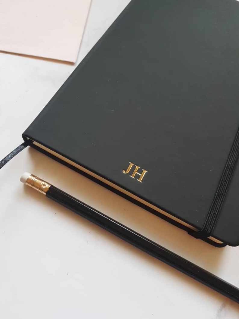 Personalised Notebook, A5 Black Lined Luxury Notepad with Foil Printed Initials. New Job, Birthday Monogram Gift zdjęcie 3