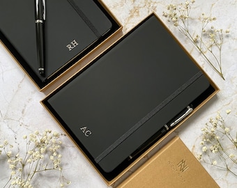 Notebook & Metal Pen Set, Personalised Boxed Gift, A5 Black Luxury Notebook. Silver Monogram/Initials, Lined or Blank Journal