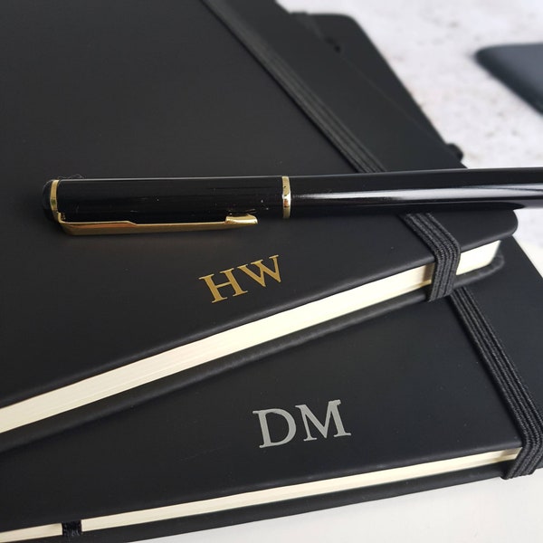 Personalised Notebook & Pen Set, A5 Black Lined or Blank Luxury Notebook. Initials/Monogram, Mother's Day Gift.