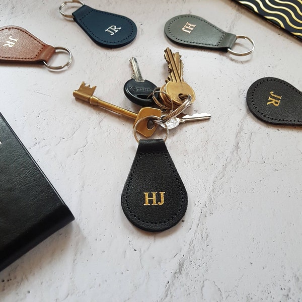 Personalised Keyring Key Fob with Initials, Real Leather Monogram Gift for a Birthday, New Home, New Car