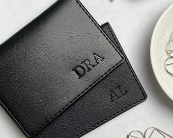 Personalised Black Card Holder, Vegan Leather Wallet, Debossed Initials Card Case