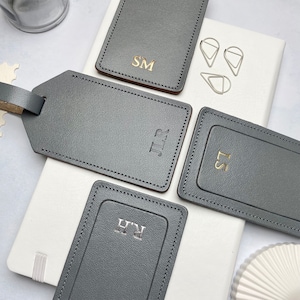 Personalised Luggage Tag in Grey Leather with Initials, Suitcase Bag Tags, Birthday/Christmas Custom Travel Gift, 3rd Anniversary