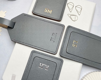 Personalised Luggage Tag in Grey Leather with Initials, Suitcase Bag Tags, Custom Travel Gift