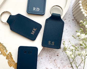 Personalised Leather Keyring in Dark Teal, Keychain with Initials for First Home/New Car, Birthday Gift for Him