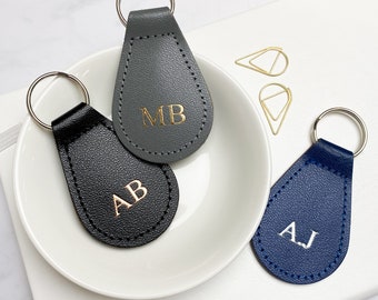 Personalised Keyring Leather Key Fob, Keychain for Him in Black/Grey/Blue with Initials, New Home or New Car Gift