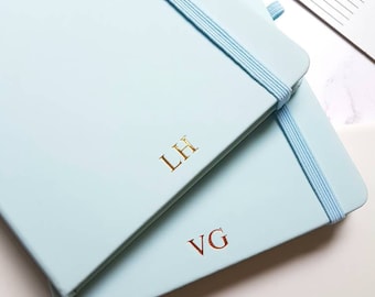 Personalised Notebook Light Blue A5 Lined Luxury Journal with Foil Initials. Custom Monogram Gift / Stationery