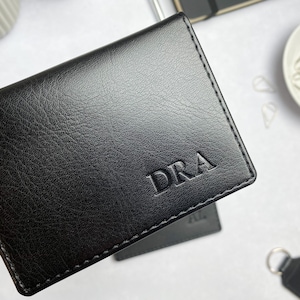 Small black card holder in vegan leather, personalised with initials in the bottom right corner