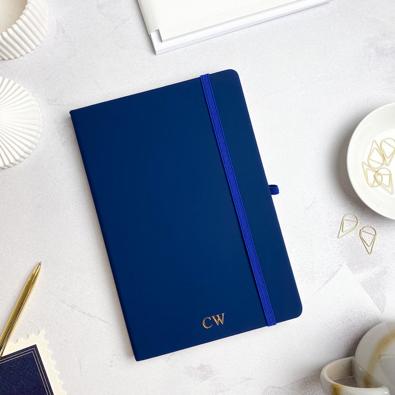 Navy blue notebook in A5 size with gold personalised initials