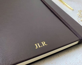 A4 Personalised Sketchbook Journal with Plain Paper, Dark Brown Vegan Leather, Monogram/Initials Notebook, New Job Gift