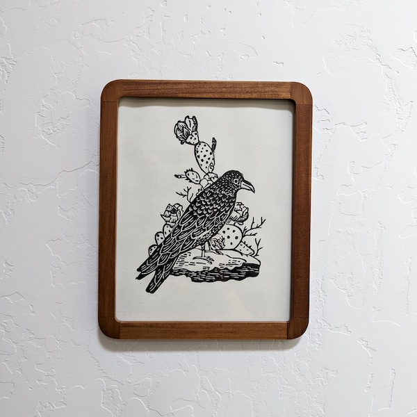 Chihuahuan Raven - Hand Printed Lino Block Print - 8"x10"