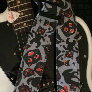 Black cat guitar strap // scary Halloween black and red cats on a grey background // unique gift // rockabilly black cat guitar accessories