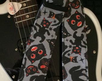 Black cat guitar strap // scary Halloween black and red cats on a grey background // unique gift // rockabilly black cat guitar accessories