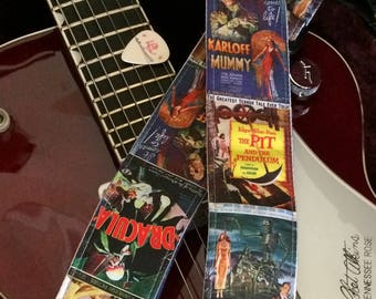 B-movie guitar strap handmade // vintage mid century horror movies // retro lo-fi schlock // cool guitar straps // unique guitar straps