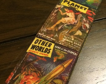 Sci-fi guitar strap handmade // Other Worlds vintage science fiction magazine covers and others // retro futuristic // cool guitar straps