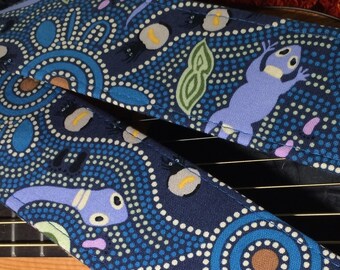 Aboriginal dot-pattern guitar strap // traditional circles design in shades of blue, cream, lilac // acoustic electric bass guitar