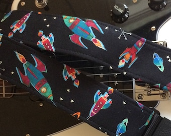 Space guitar strap // out-of-this-world retro nostalgia space rockets on an black background // guitarist gift // musician gift // UFO gift