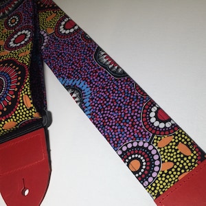 Aboriginal dot-pattern guitar strap // traditional circles design in multicolour purple, red, yellow // acoustic electric bass guitar