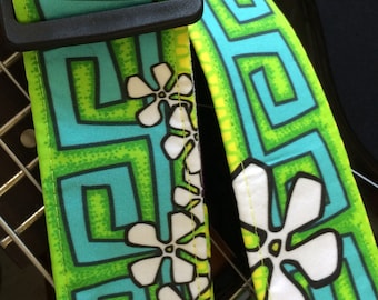 Lime Surf Guitar Strap: Retro Tiki Luau, Frangipani Flowers