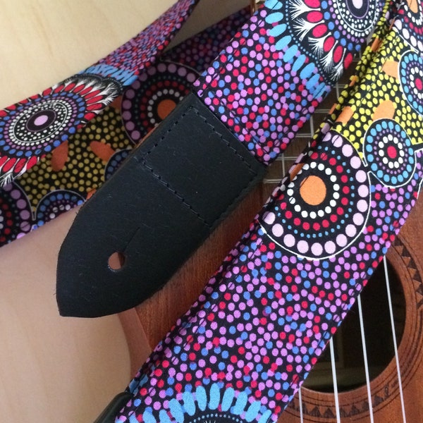 Aboriginal dot pattern ukulele strap, mandolin strap or child guitar strap // traditional circles in purple, red, yellow // musician gift