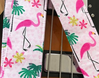 Flamingo guitar strap // pastel surf punk fuschia pink flamingos and tropical palm trees // unique guitarist gift // music lover teen gift