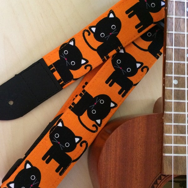 Cat ukulele strap, mandolin strap or child guitar strap // black cats with orange background // black cat ukulele strap // musician gift