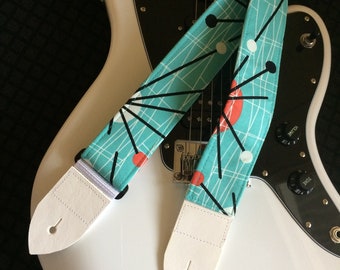 Atomic Guitar Strap: Handmade Mid-Century Modern Aqua Orange and White