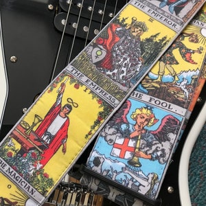 Tarot guitar strap // handmade Rider Waite strap with Fool Magician Empress Emperor Lovers Judgement images // guitarist gift