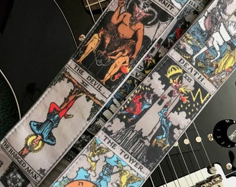 Tarot guitar strap // handmade Rider Waite strap with Tower Death Hanged Man Devil Hermit Wheel of Fortune images // guitarist gift