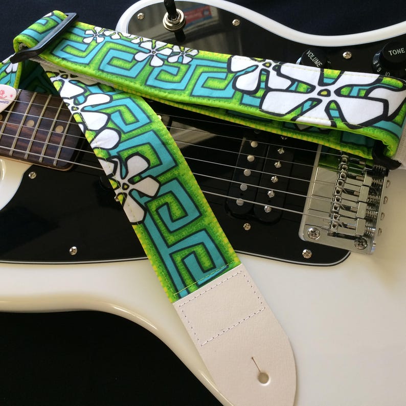 Lime Surf Guitar Strap // White Frangipani Flowers Green Blue Etsy