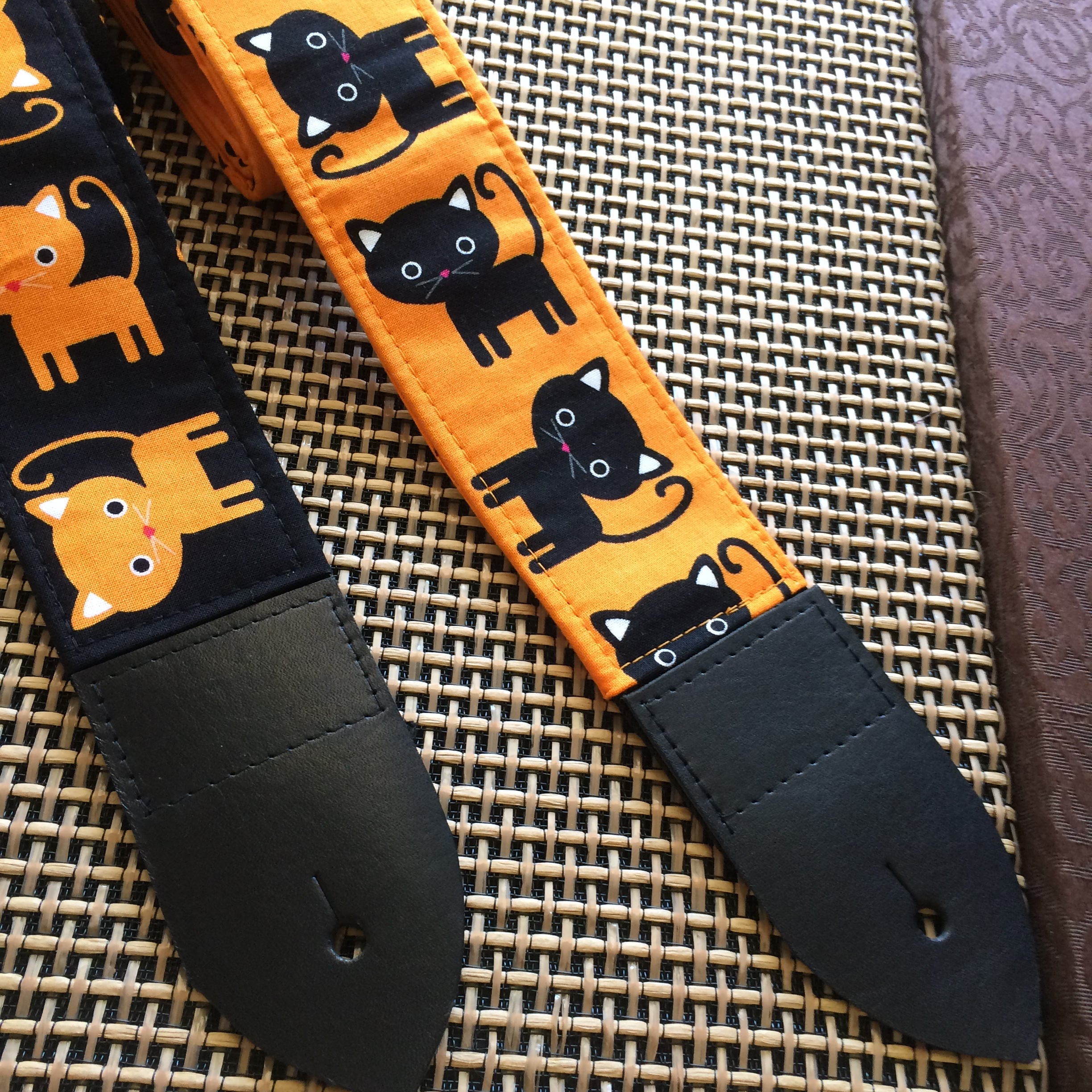 Black Cat Guitar Strap // Cool Cats on Orange Guitar Strap // Etsy