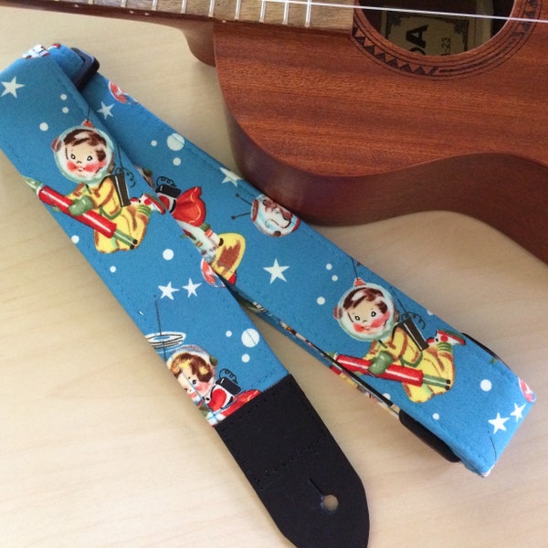 Space ukulele strap, mandolin strap or child guitar strap // handmade retro nostalgia astronaut babies // unique musician gift, teacher gift