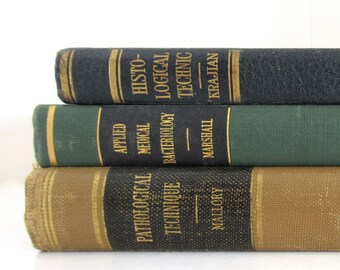 Set of 3 Vintage Science Books: Histological Technic Krajian, Applied Medical Bacteriology Marshall, Pathological Technique Mallory, Decor