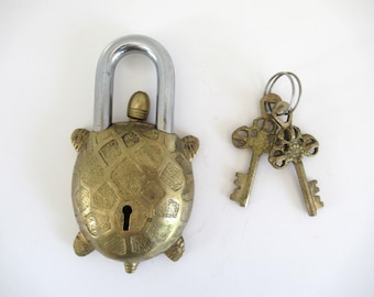 Vintage Brass Metal Turtle Padlock with 2 Keys, Lock and Key