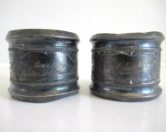 Antique 1880 Metal Napkin Rings, Victorian Napkin Holder Set, Engraved Maggie & Charlie