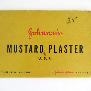 May include: A vintage mustard-yellow box of Johnson's Mustard Plaster. The box features the brand name in red script above the bold black text "MUSTARD PLASTER". The text "U.S.P." is below the main text, and "THREE EXTRA-LARGE SIZE" is at the bottom.