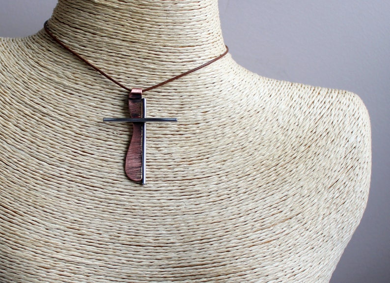 Copper Steel Cross Necklace Art Cross Necklace Stainless Steel Copper Cross Abstract Mans Cross Pendant Stainless Steel Cross Necklace