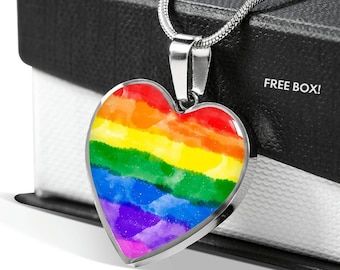 Rainbow Heart Pendant Necklace: LGBT Pride Jewelry, Personalized Engraving