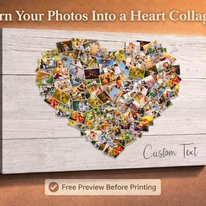 Collage de fotos familiares con forma de corazón: Impresión en lienzo personalizada, efecto madera