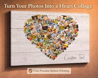 Collage de fotos familiares con forma de corazón: Impresión en lienzo personalizada, efecto madera