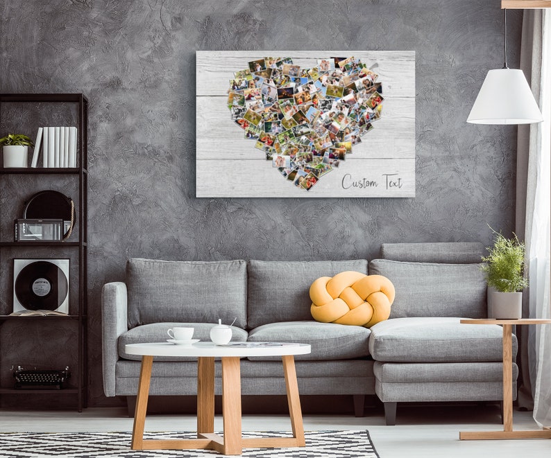 100 Pictures Family Photo Heart Collage Personalized Large Collage Wood Effect Heart Collage Canvas Photo Your Picture To Canvas Gift image 2