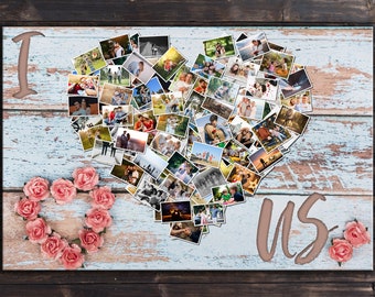 Lienzo collage de fotos de corazón personalizado: regalo de amor de madera envejecida