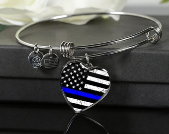 Personalized Thin Blue Line Bangle: Engraved Police Wife Jewelry