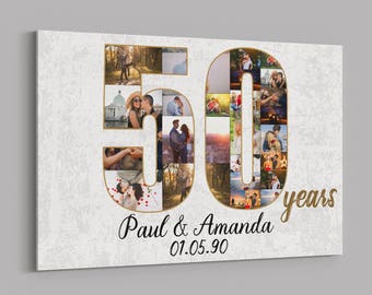 Custom 50th Anniversary Photo Collage Canvas, Personalized Golden Wedding Gift for Parents