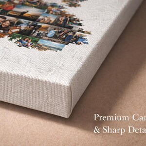 Puede incluir: Primer plano de una impresi&oacute;n en lienzo con un collage de fotos. El lienzo tiene una superficie texturizada de color blanquecino y est&aacute; envuelto alrededor de un marco de madera. El texto "Premium Canvas & Sharp Detail" es visible en la esquina inferior derecha.
