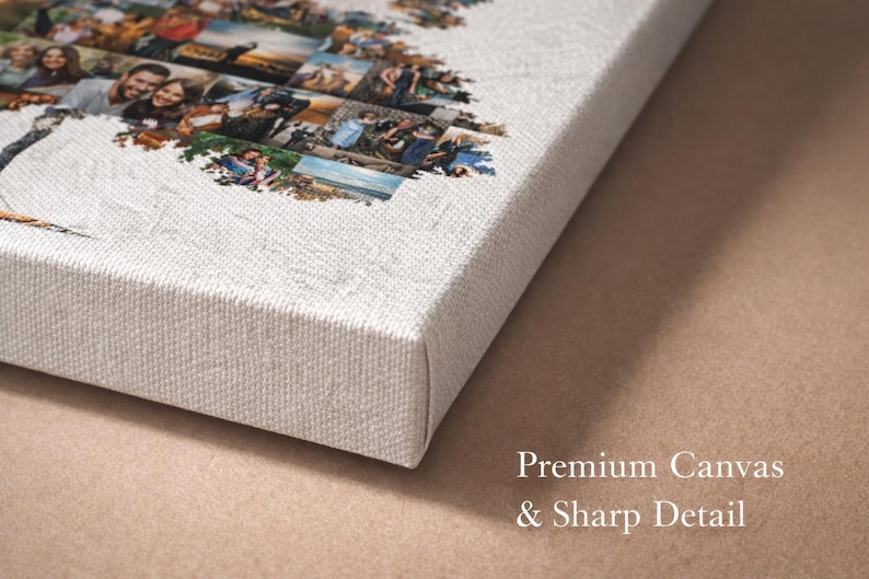 Puede incluir: Primer plano de una impresi&oacute;n en lienzo con un collage de fotos. El lienzo tiene una superficie texturizada de color blanquecino y est&aacute; envuelto alrededor de un marco de madera. El texto "Premium Canvas & Sharp Detail" es visible en la esquina inferior derecha.