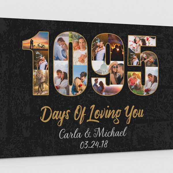 Third Wedding Anniversary Canvas, 3rd Wedding anniversary gift, 3 years Wedding photo collage, Custom Anniversary Year Art, gift for husband