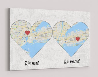 Personalized Map Engagement Canvas Print: Anniversary Location Gift, Custom Heart Wall Art