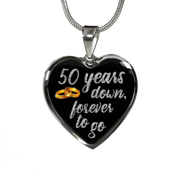 50th Anniversary Necklace: Engraved Heart Pendant, Gold Finish