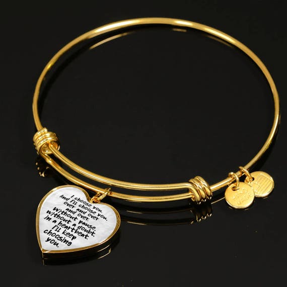 Personalized Love Note Bangle, 18k Gold Finish, Engraved, Heart Charm, Anniversary, Valentine's Day